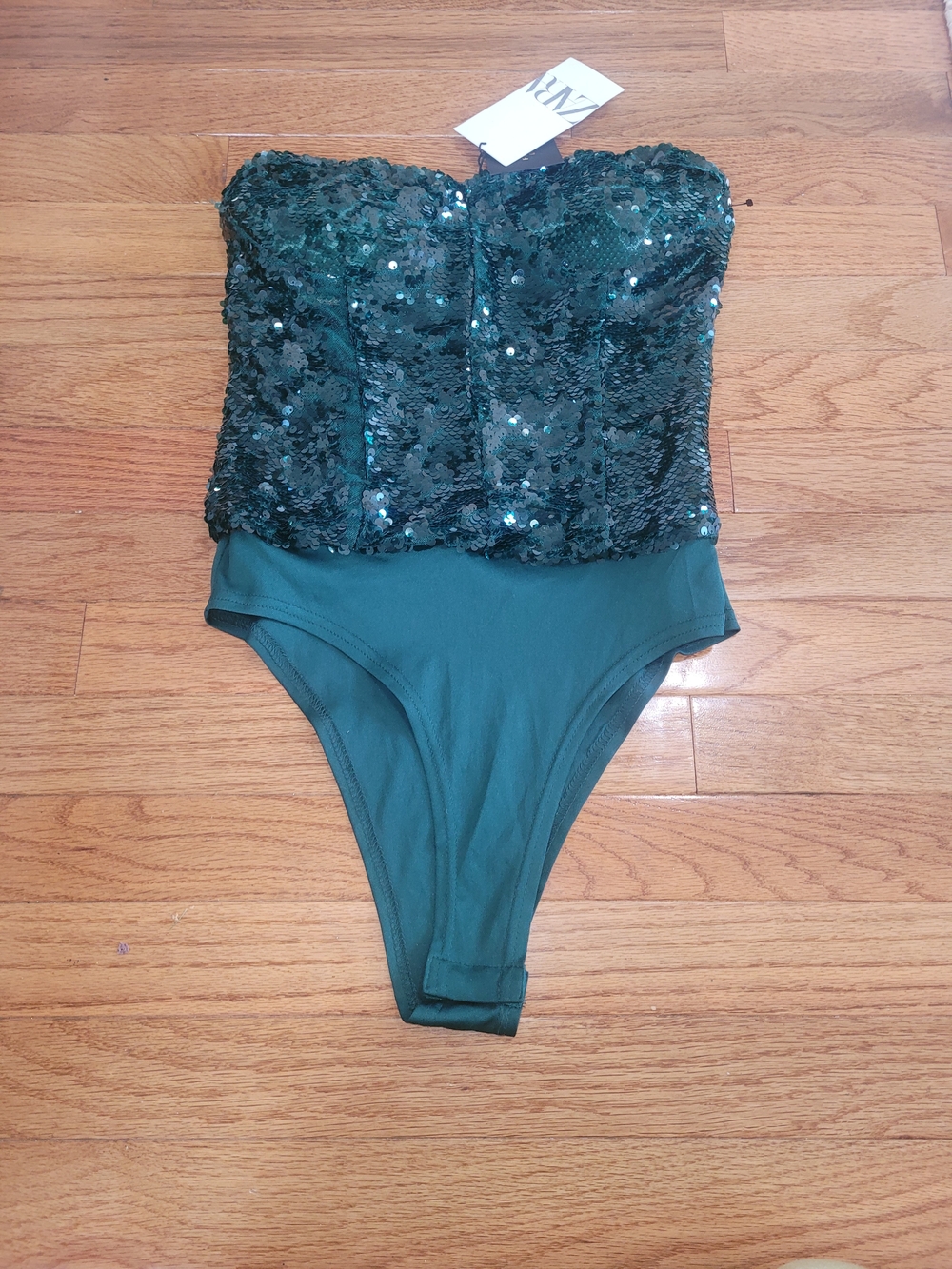 ZARA Emerald Sequin Strapless Bandeau Bodysuit